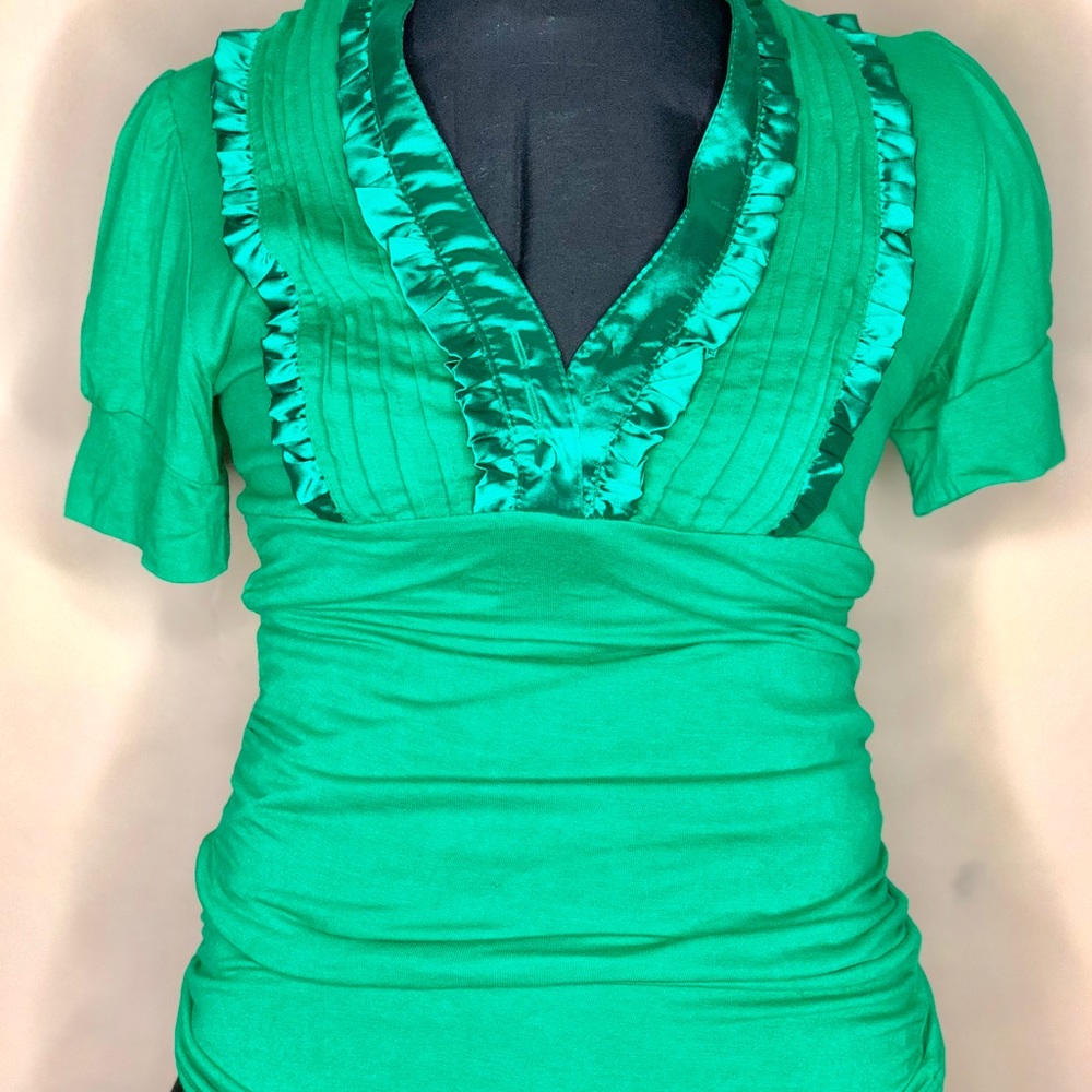 Emerald Fitted Shirt with Satin Ruffle Trim